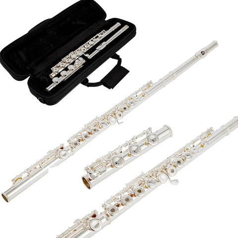 Student open hole flute with 17 keys silver plated, B foot joint, and offset G E-mechanism for beginners1